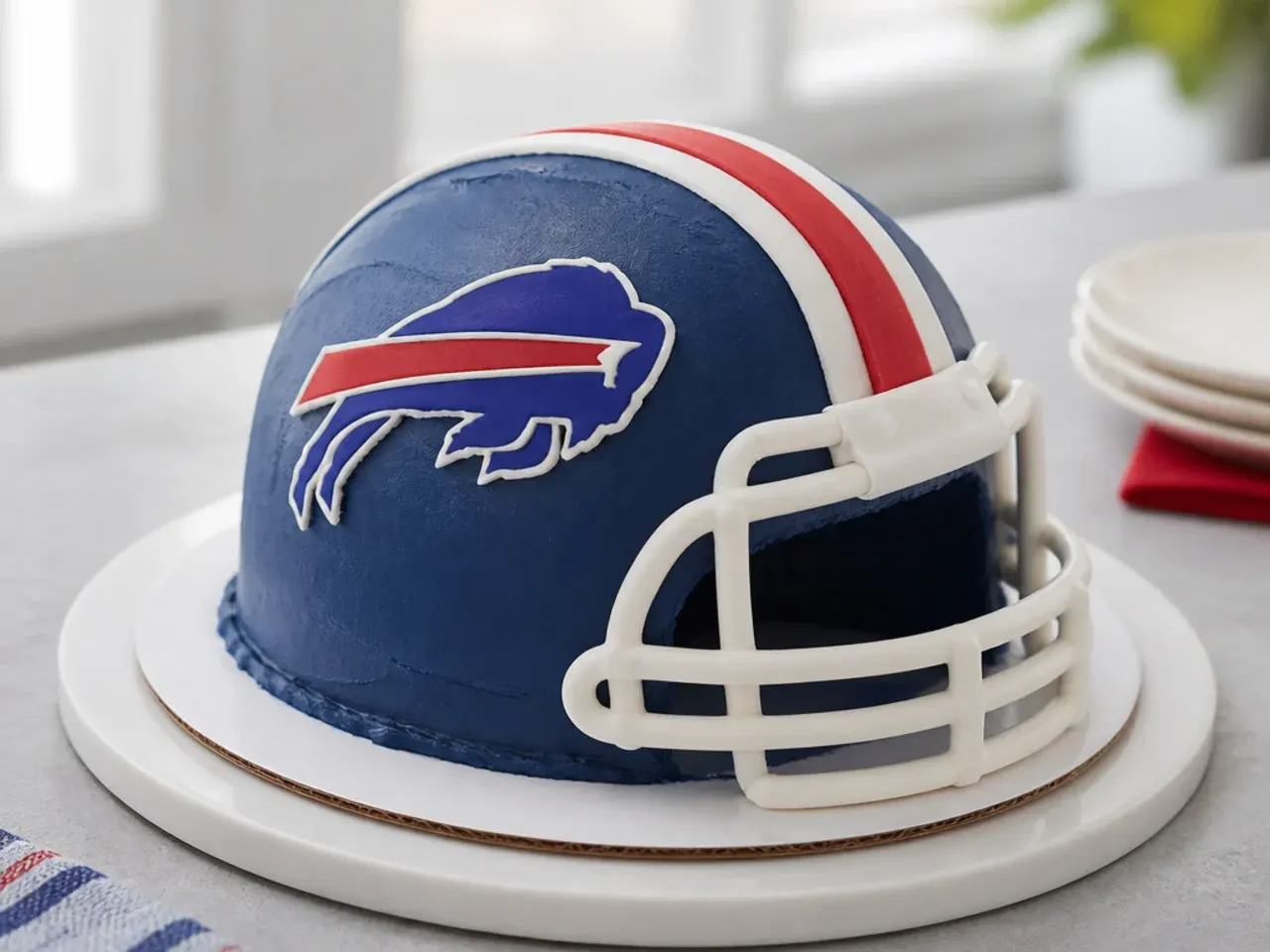 Easy no-carve football helmet cake baked in a bowl mold and covered in colored buttercream