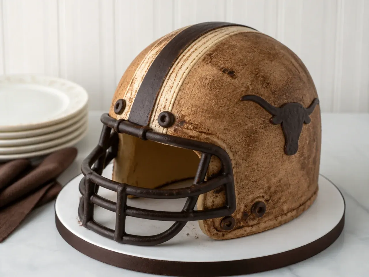 Rustic buttercream football helmet cake with a textured worn-leather finish in tan and brown