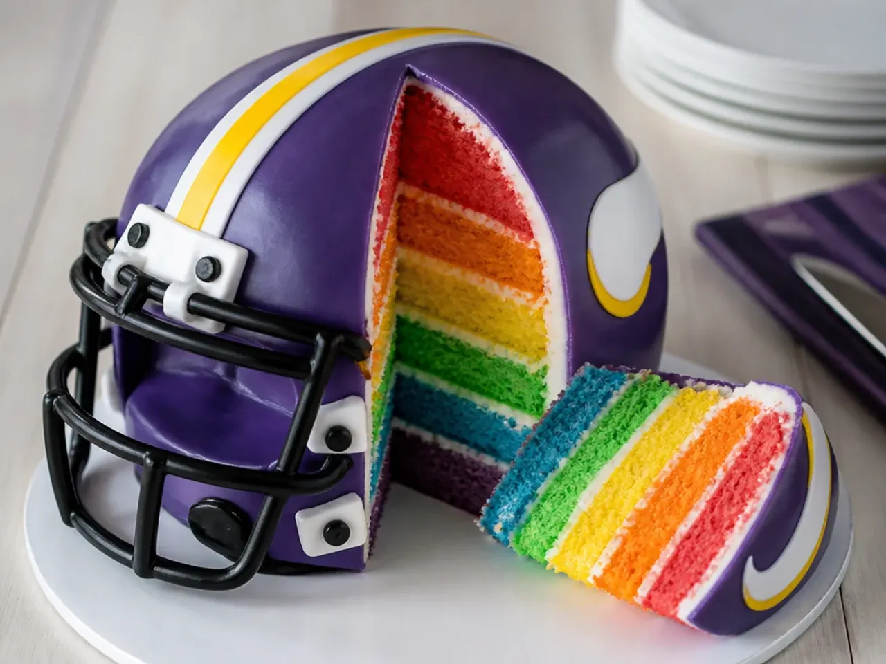 Colorful football helmet cake sliced to reveal a rainbow-layer surprise interior