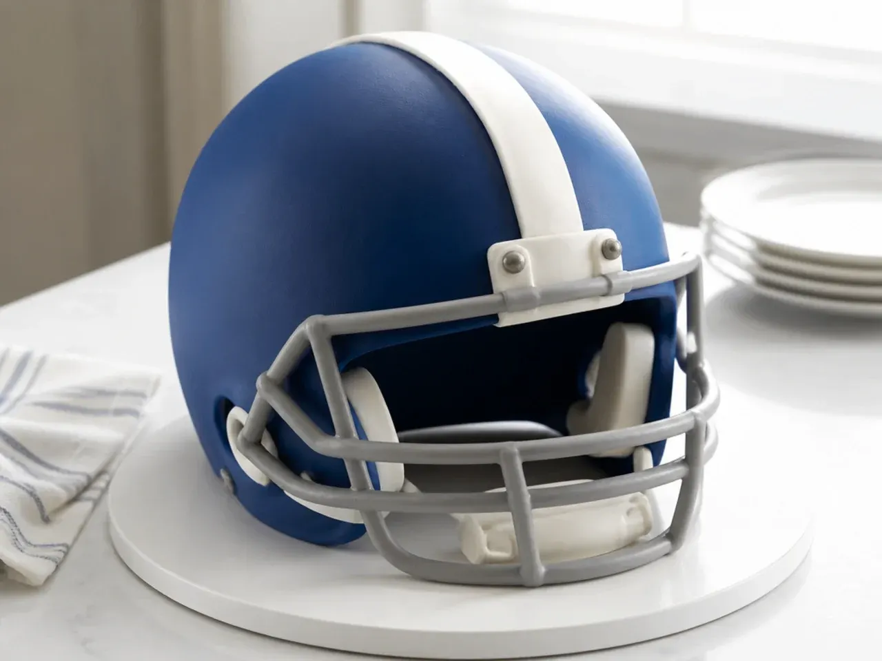 Minimal single-color football helmet cake with one clean straight center stripe
