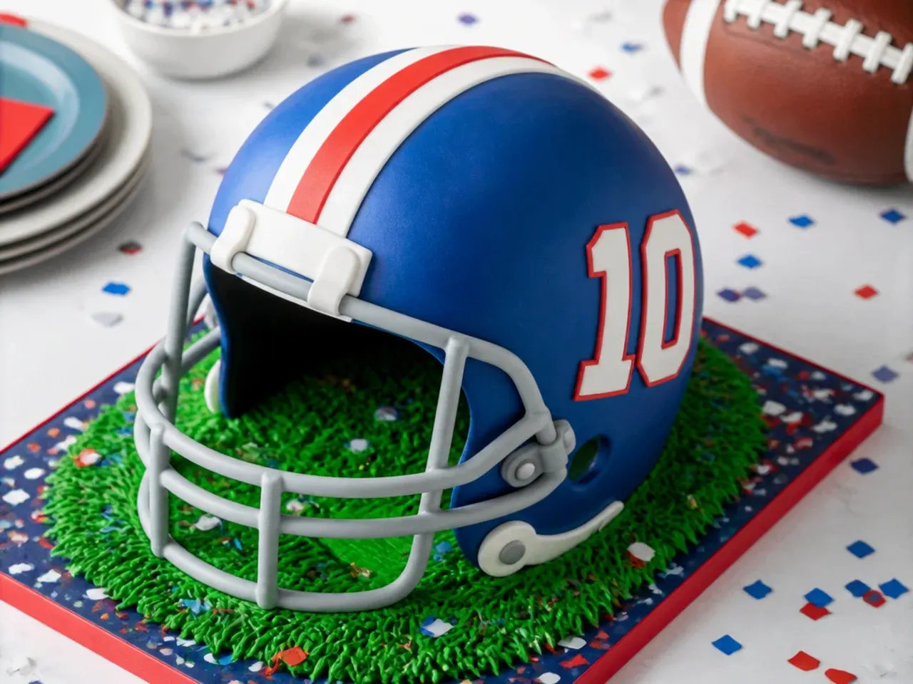 Festive game-day football helmet cake on a confetti board with piped grass field
