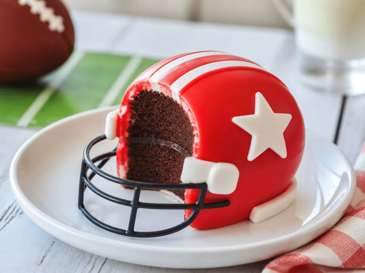 Whimsical mini football helmet cakes dipped in colored candy melts for individual servings