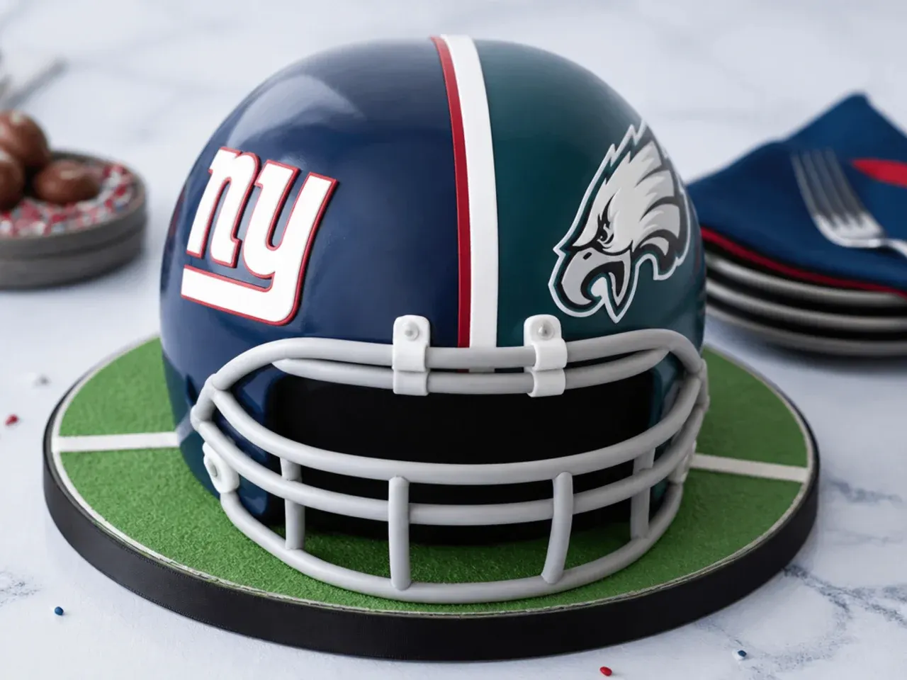 Bold two-tone rival team football helmet cake split into two team colors at the center stripe