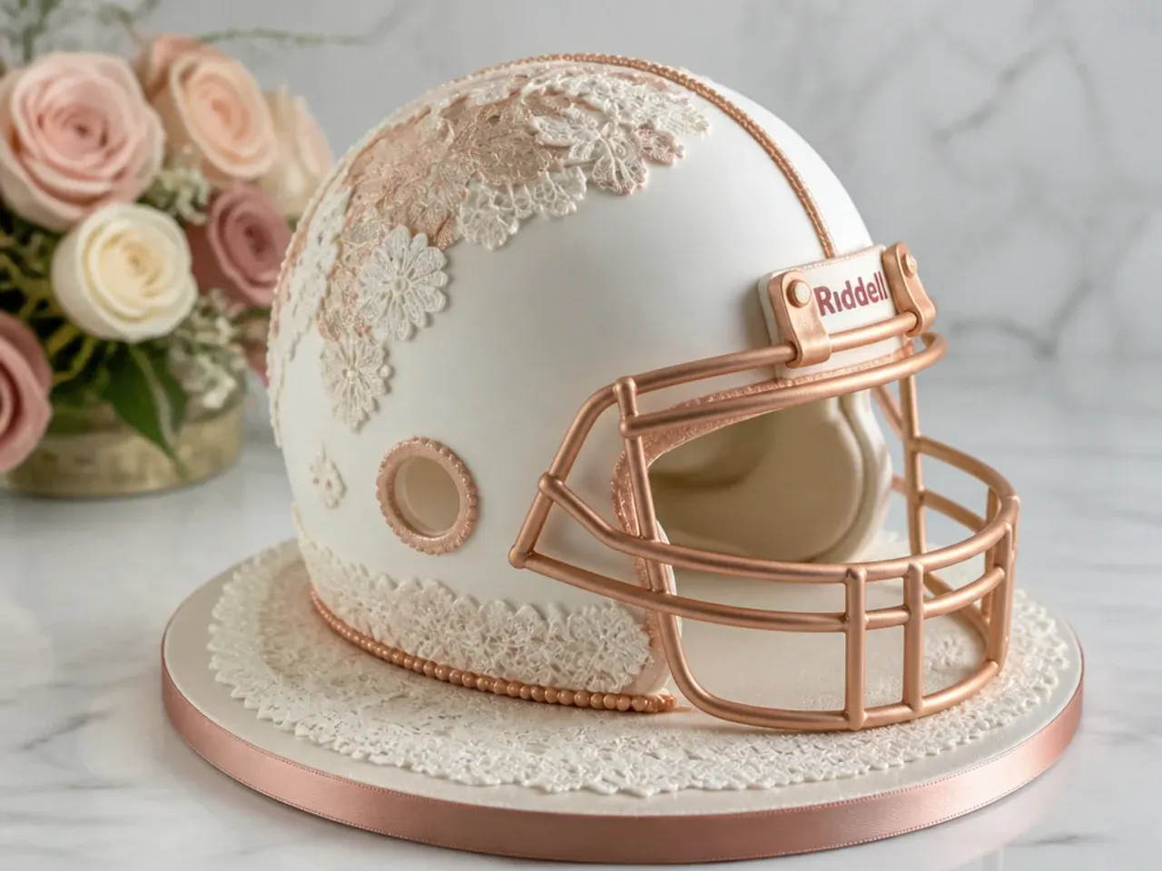 Delicate football helmet cake trimmed with edible lace and rose-gold luster accents