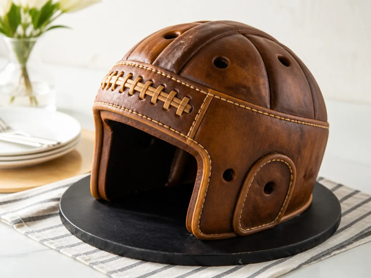 Vintage 1920s leather football helmet cake with fondant panels and hand-piped stitching