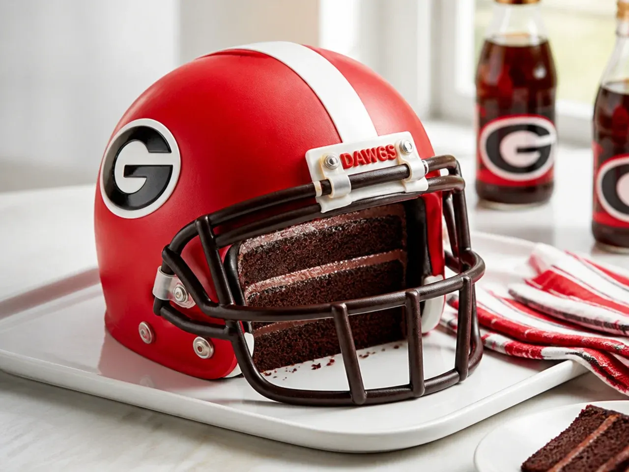 Creative 3D football helmet cake with a realistic chocolate facemask cage over the face opening