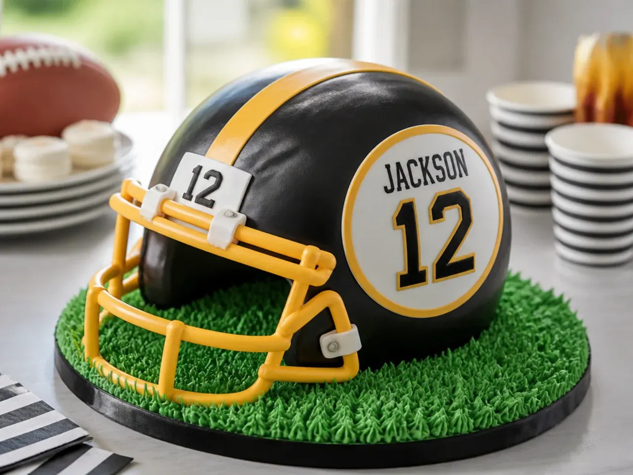 Charming kid-sized football helmet cake with a personalized name-and-number edible decal