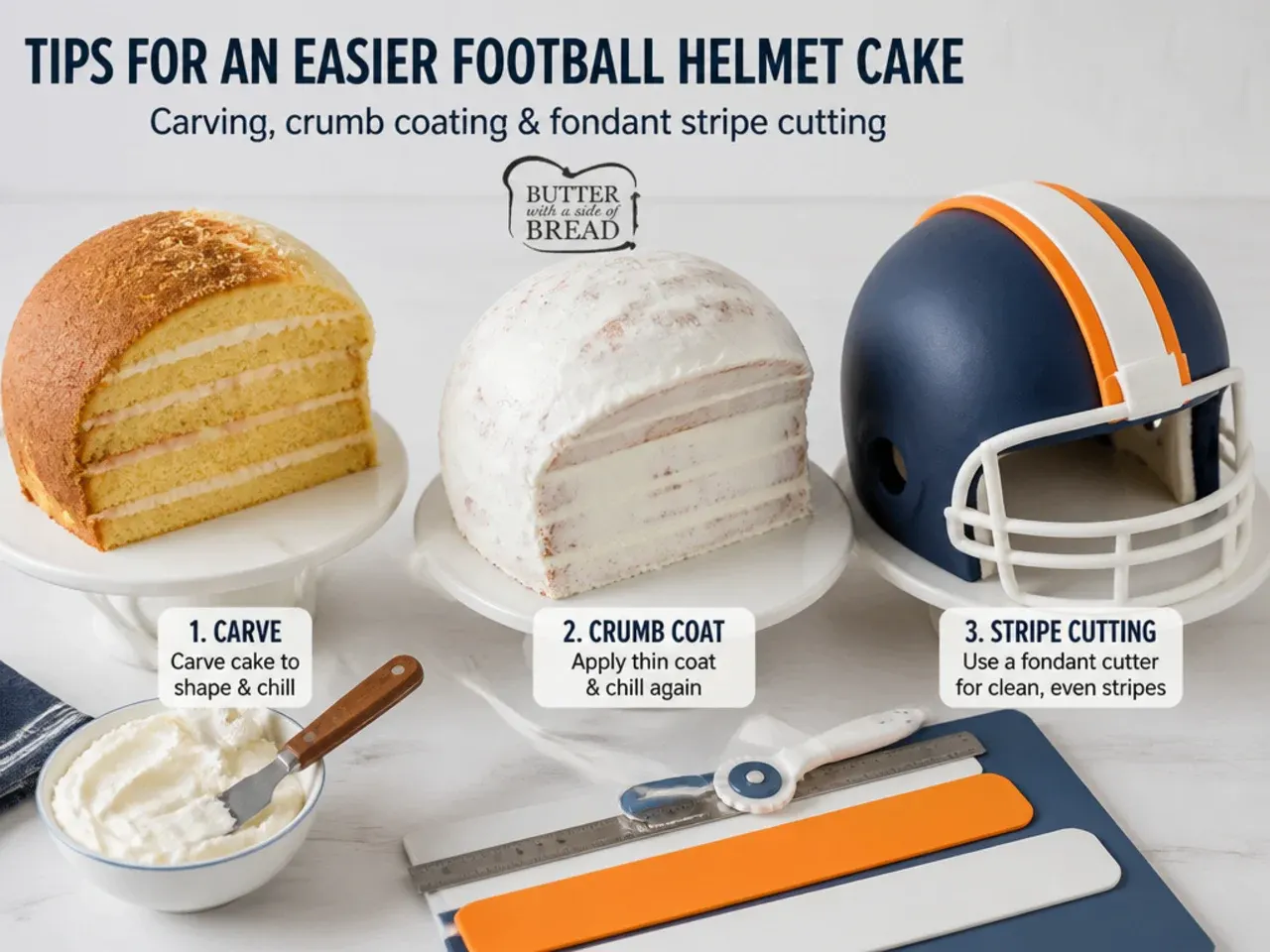 Tips for an easier football helmet cake showing carving, crumb coating, and fondant stripe cutting