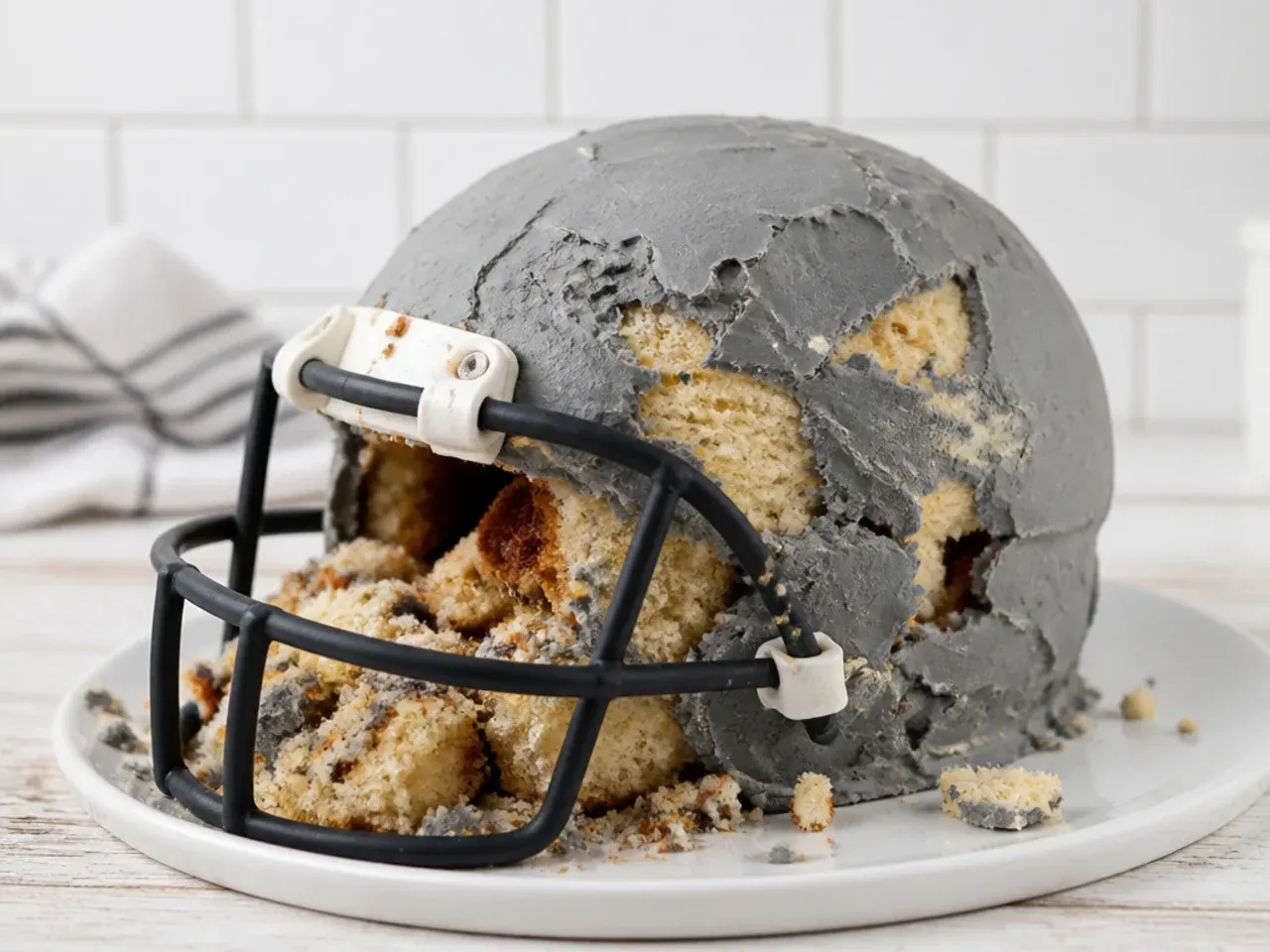 Common football helmet cake mistakes to avoid including a crumbling uncarved cake and lumpy coating