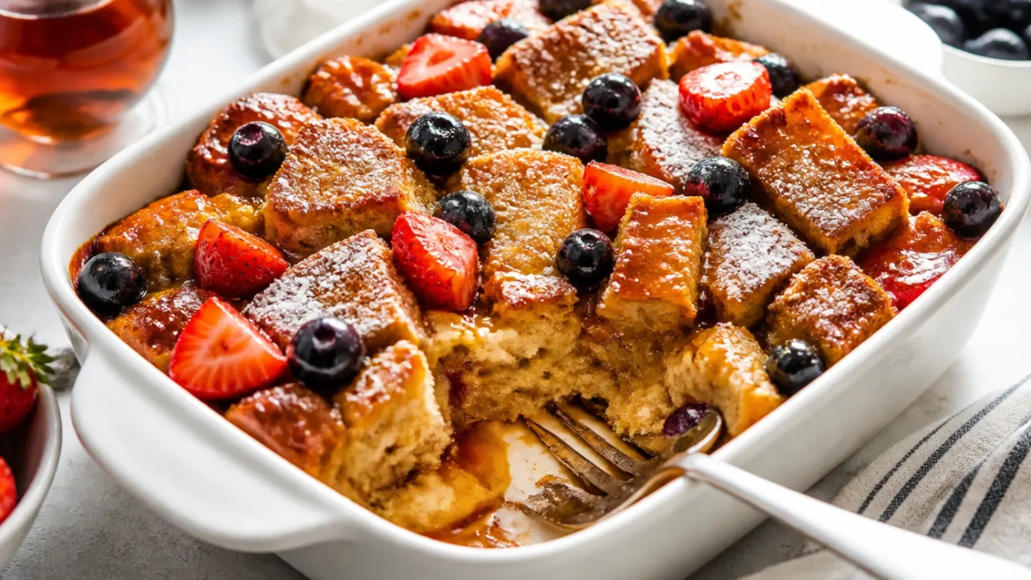 A golden, custardy french toast casserole cooked in a slow cooker, scooped onto a plate with maple syrup drizzled over the top