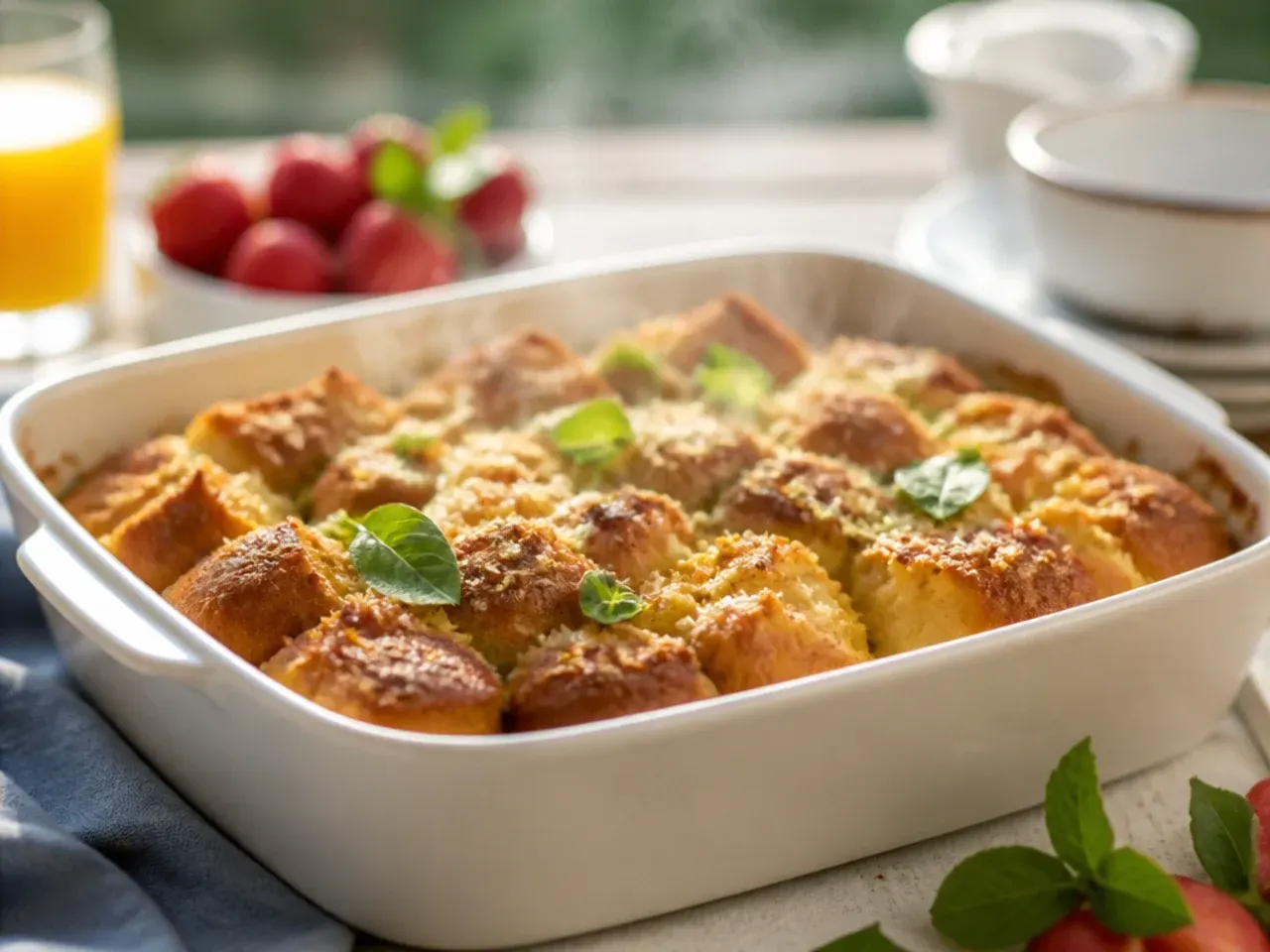A thin knife being inserted into the centre of a slow cooker french toast casserole to check doneness