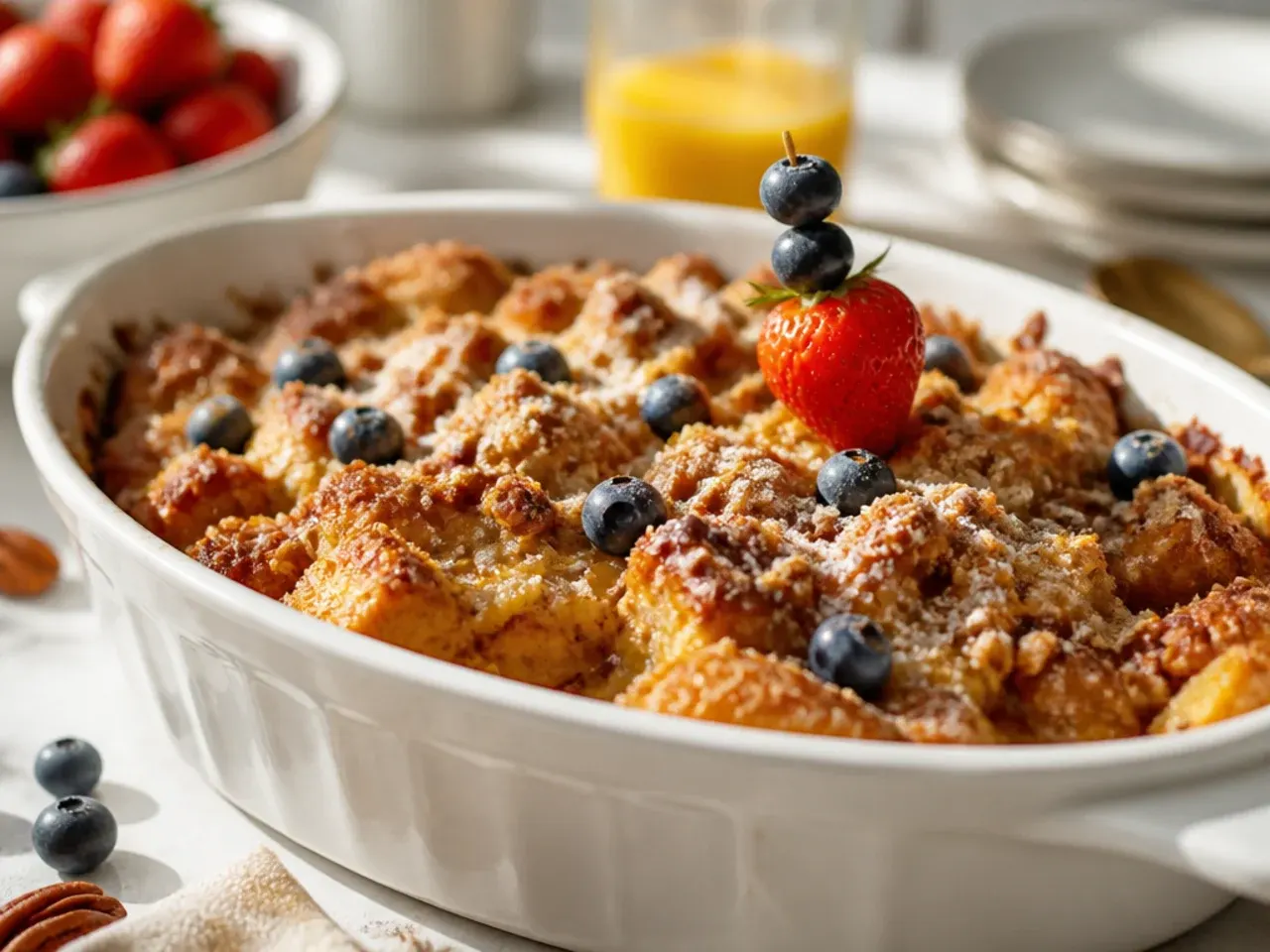 A golden pecan streusel topping scattered over a french toast casserole in the final minutes of cooking