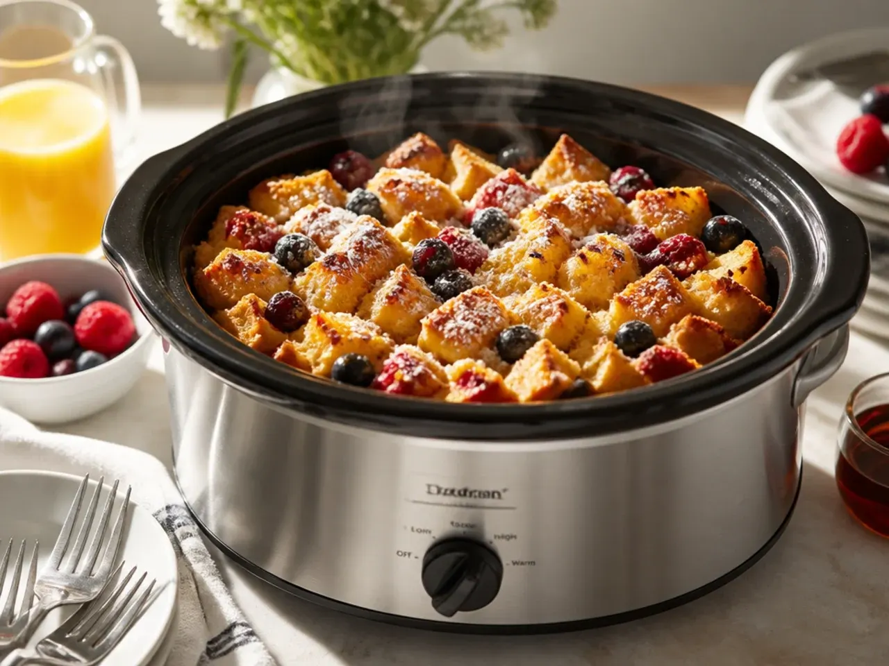 A finished french toast casserole resting in the slow cooker with the lid propped ajar