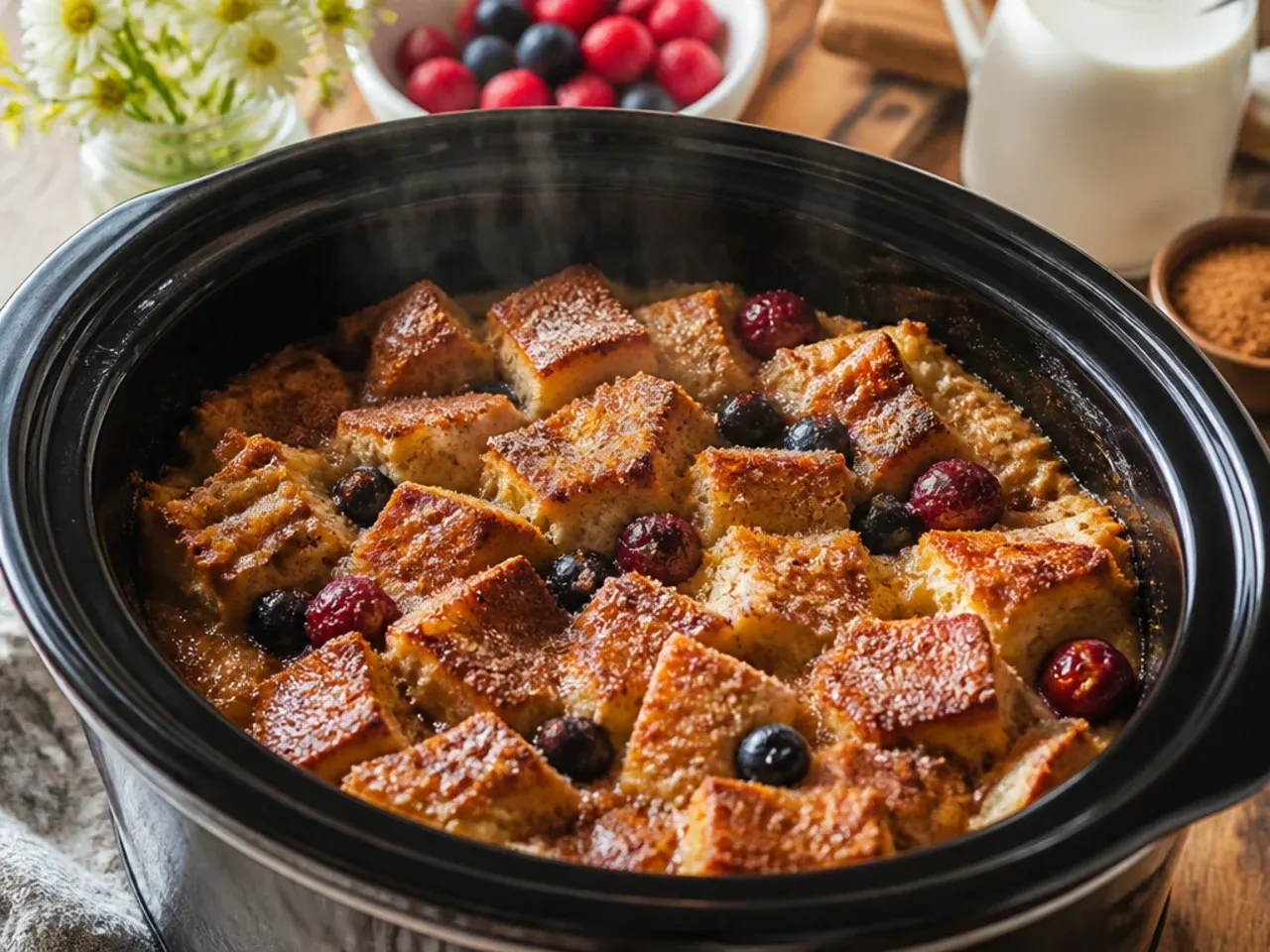 A finished slow cooker french toast casserole being served with maple syrup at a breakfast table