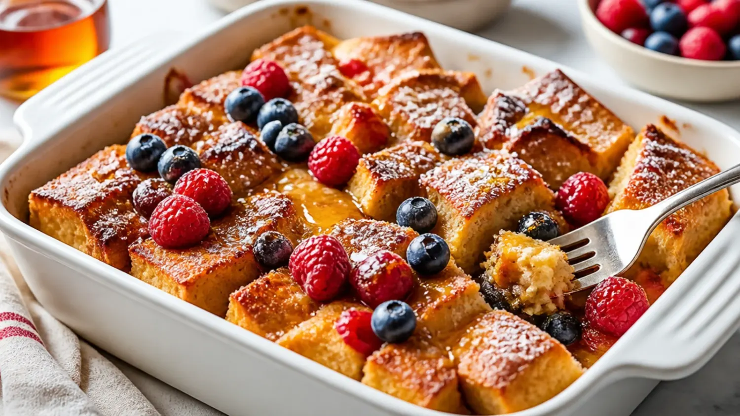 Golden baked french toast casserole in a white dish, dusted with icing sugar and topped with maple syrup and berries
