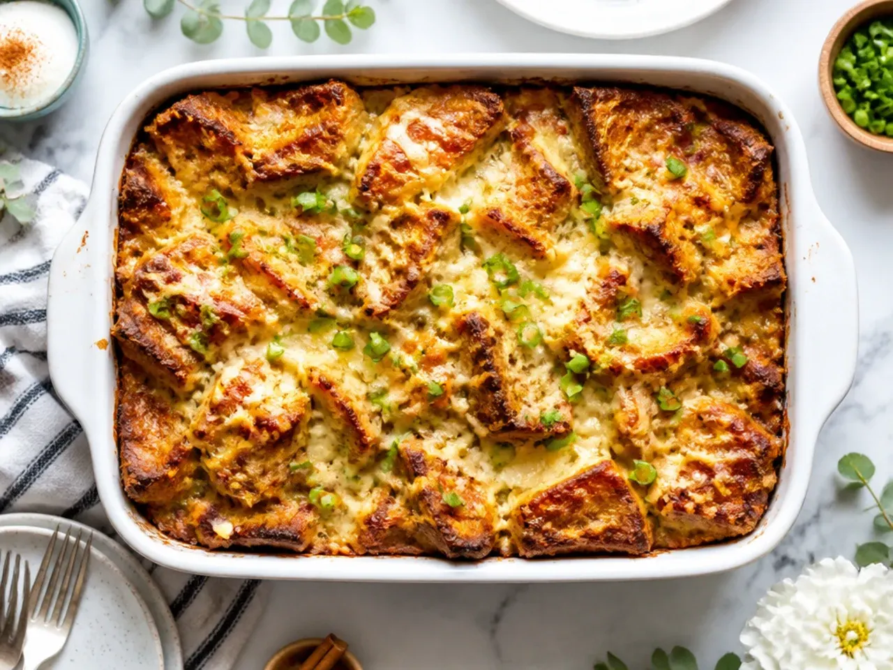 Close-up of classic cinnamon french toast casserole squares on a plate