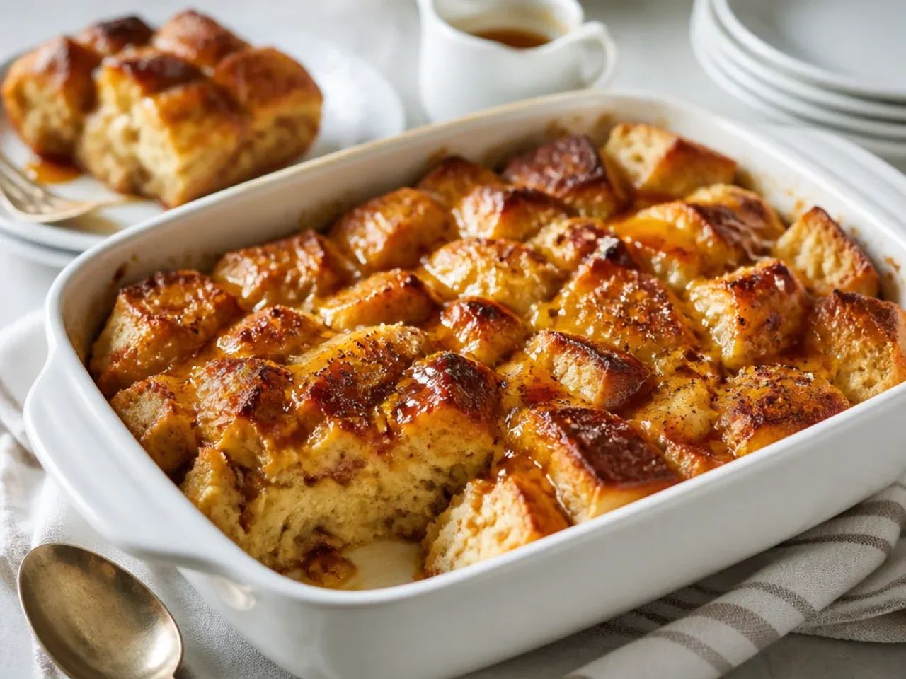 Quick french toast casserole made with sliced white bread in a baking dish