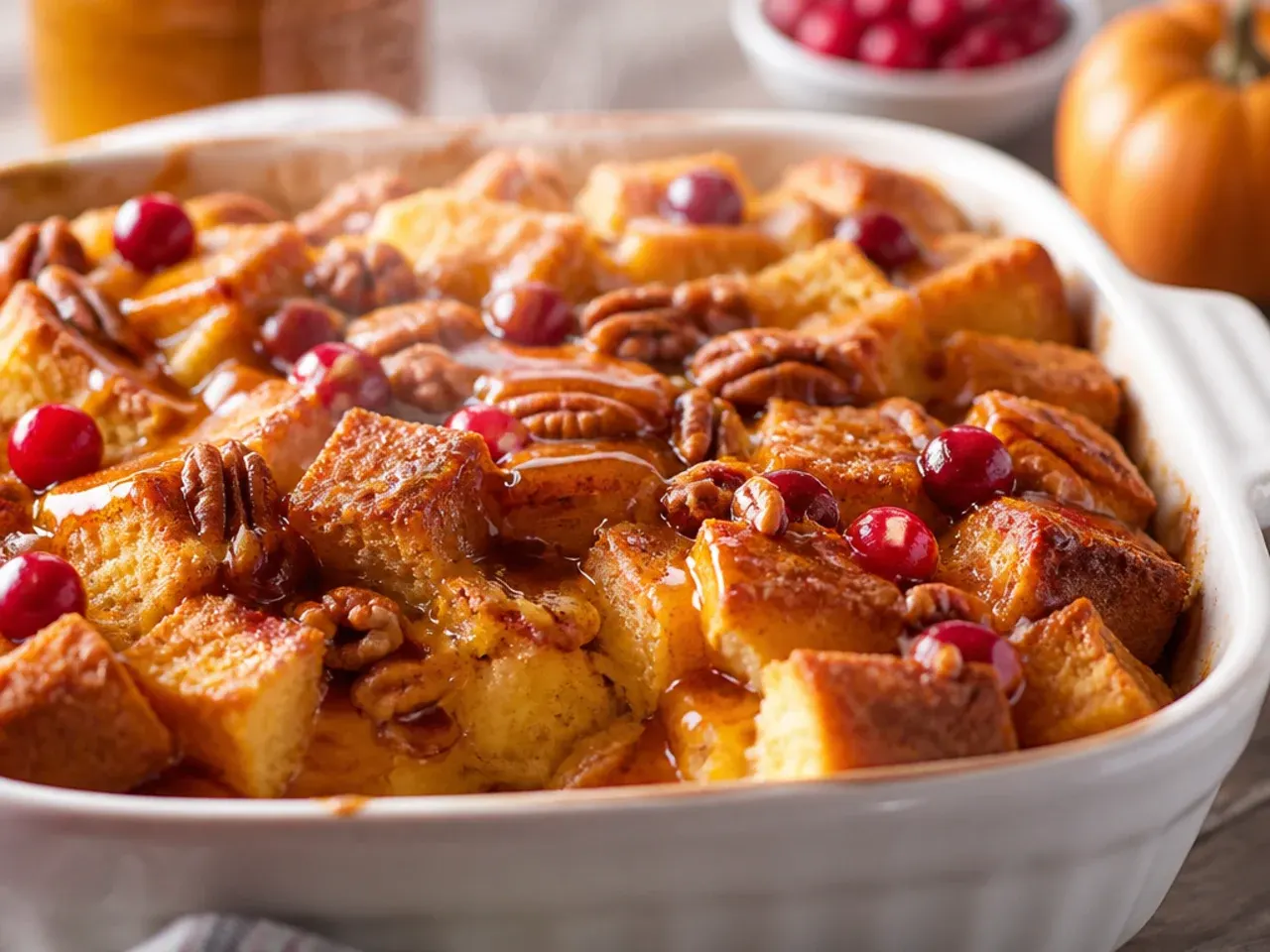 Pumpkin-spiced french toast casserole with a golden cinnamon-dusted top