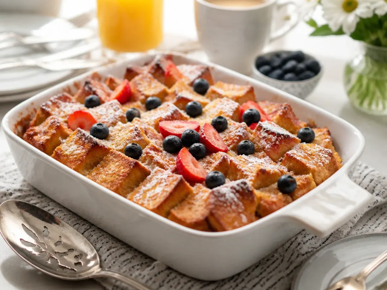 Plain simple french toast casserole cut into squares