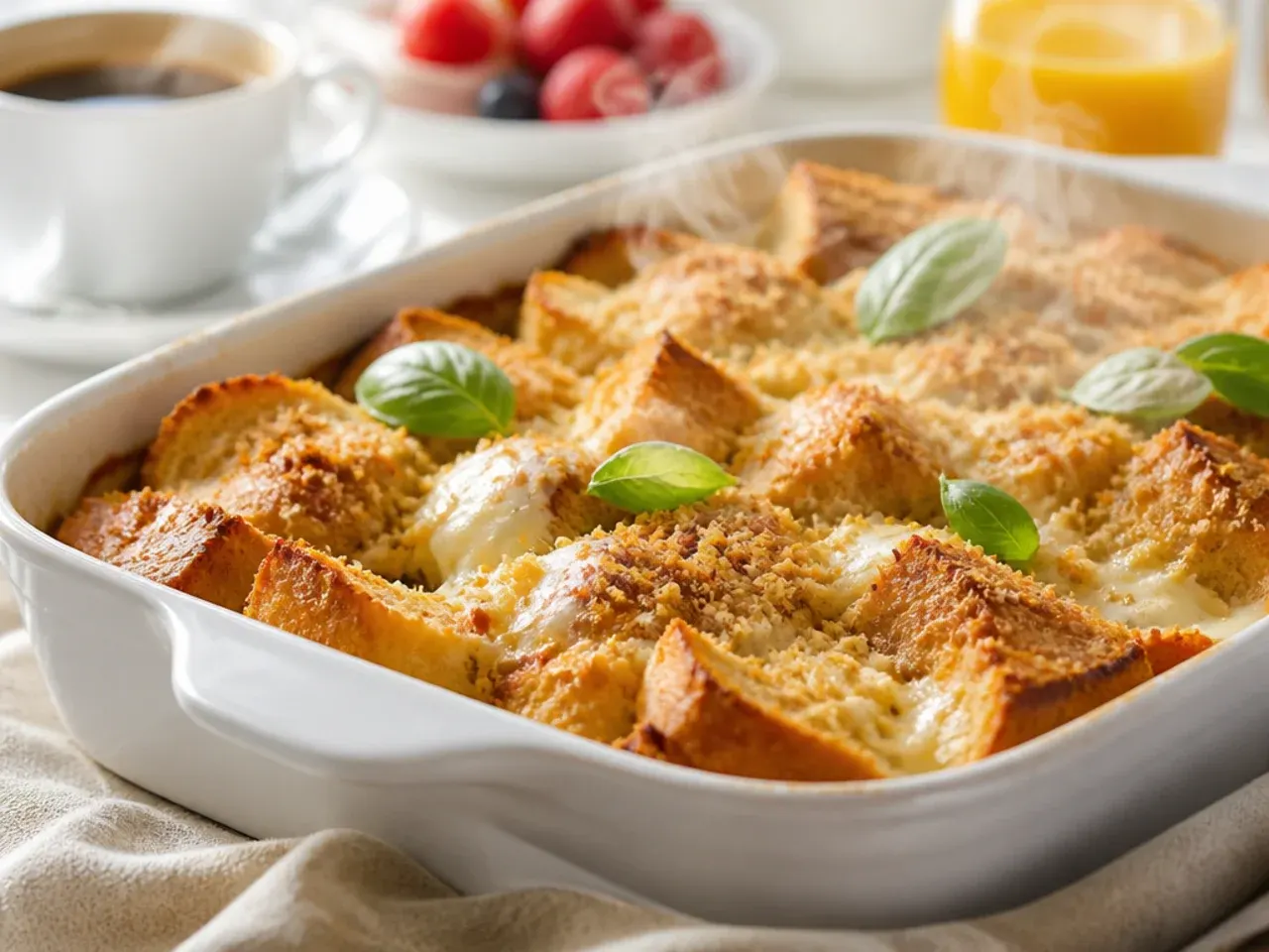 Creamy mascarpone french toast casserole with soft cheese pockets visible
