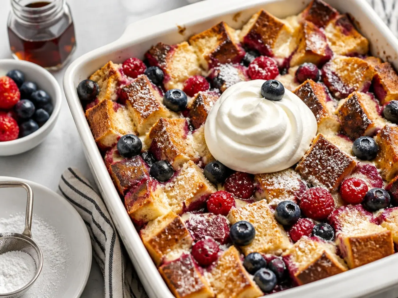 French toast casserole loaded with berries and cream cheese pockets