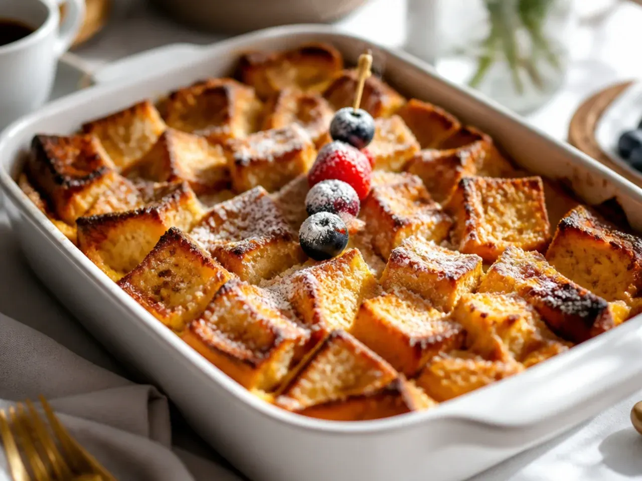 French toast casserole made with brown butter custard, golden and glossy on top