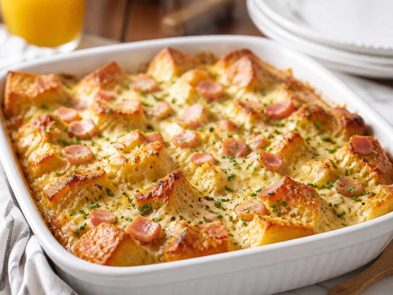 Savoury cheesy french toast casserole with melted cheddar on top