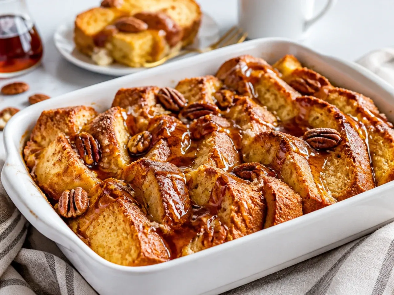 Maple pecan streusel-topped french toast casserole fresh from the oven