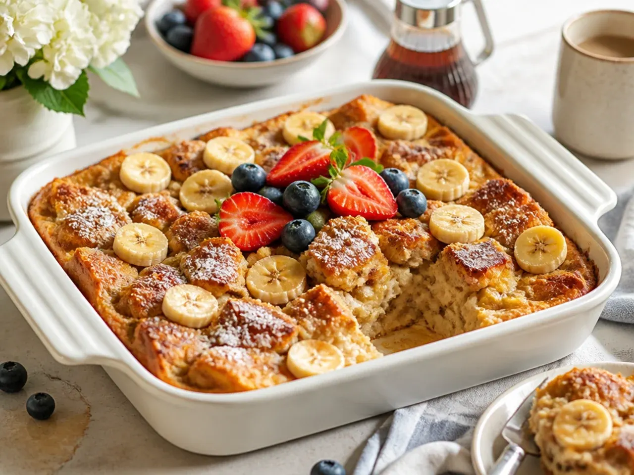 French toast casserole layered with sliced banana before baking
