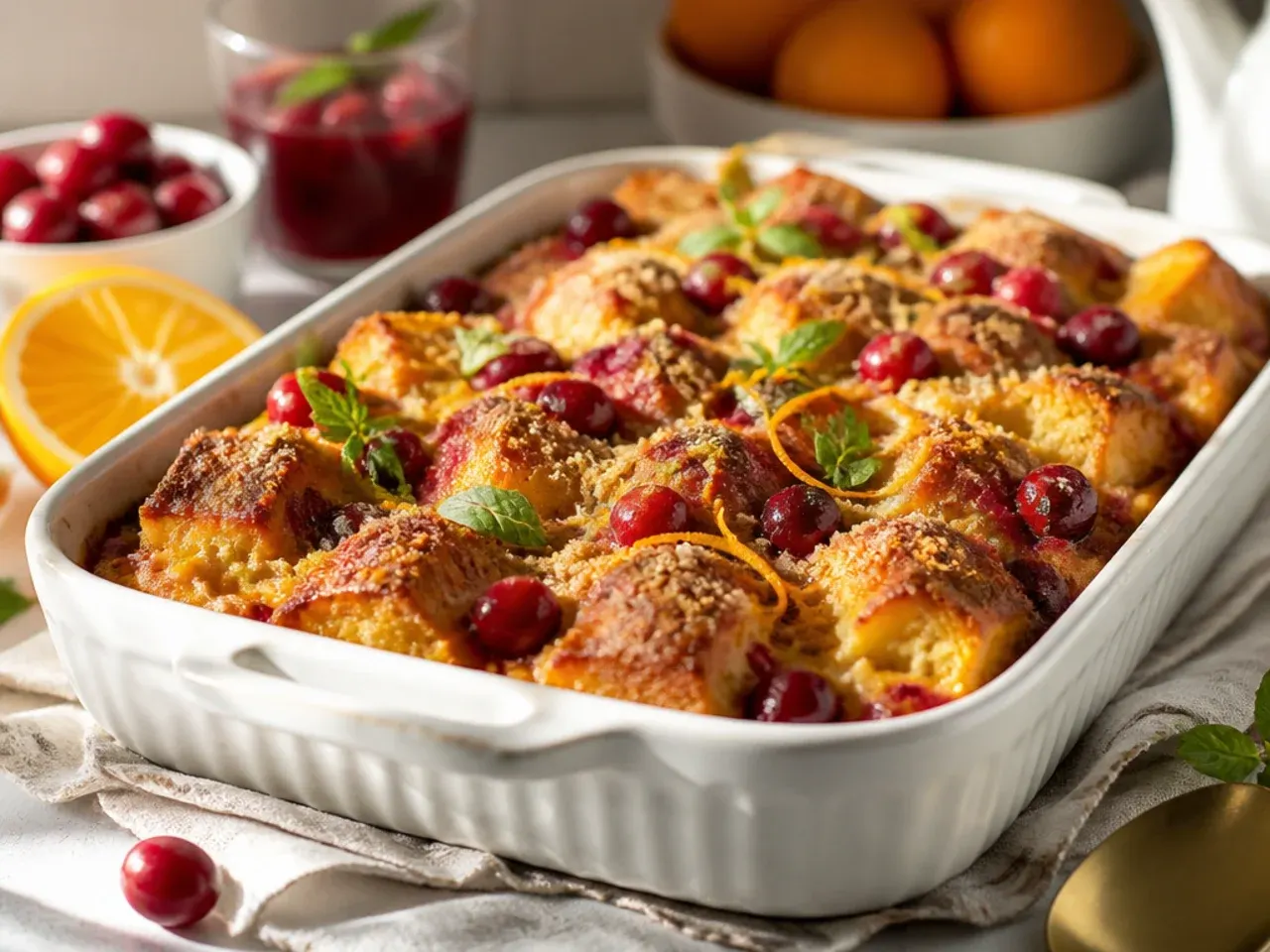 Cranberry orange french toast casserole with a citrus glaze drizzle