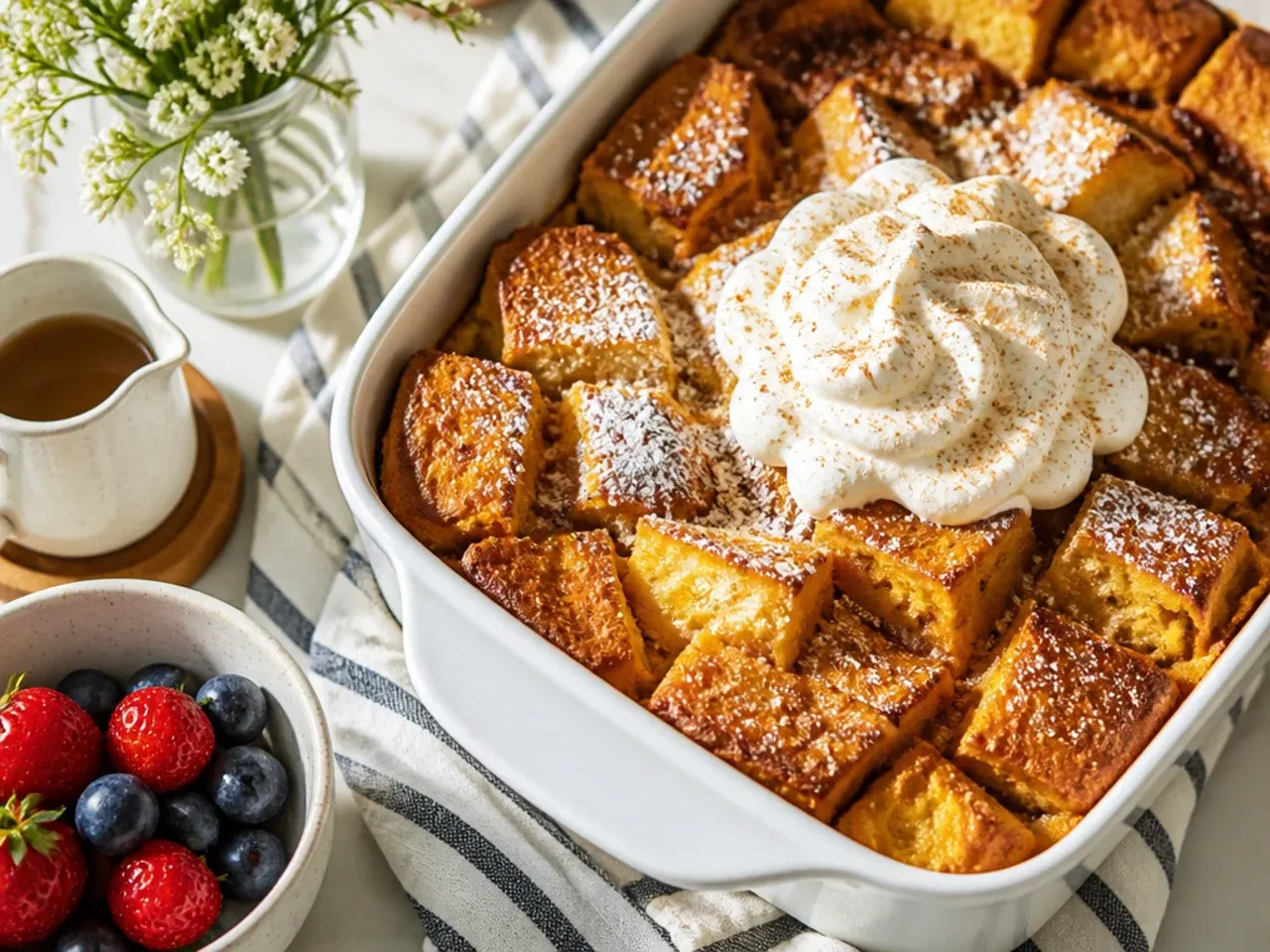 Shallow quick-bake french toast casserole spread in a wide dish