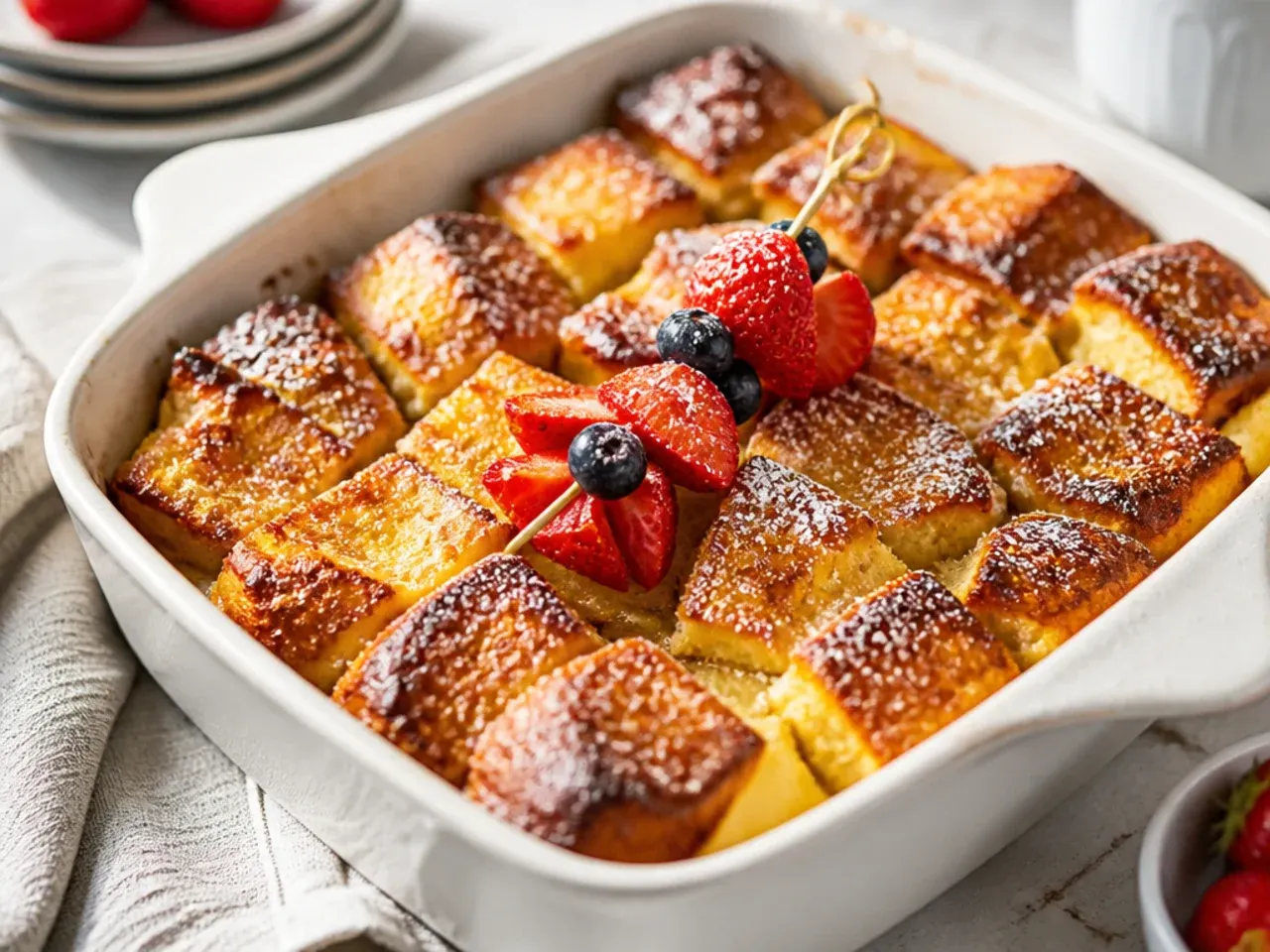 Torn brioche chunks forming a rustic homemade french toast casserole