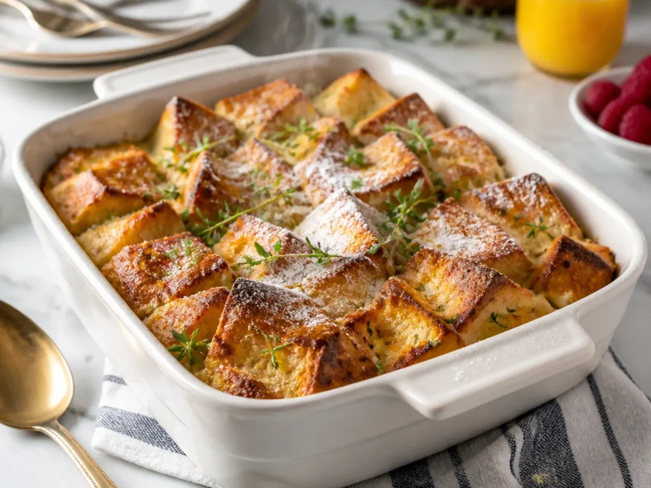 Large tray of classic french toast casserole ready to serve a crowd