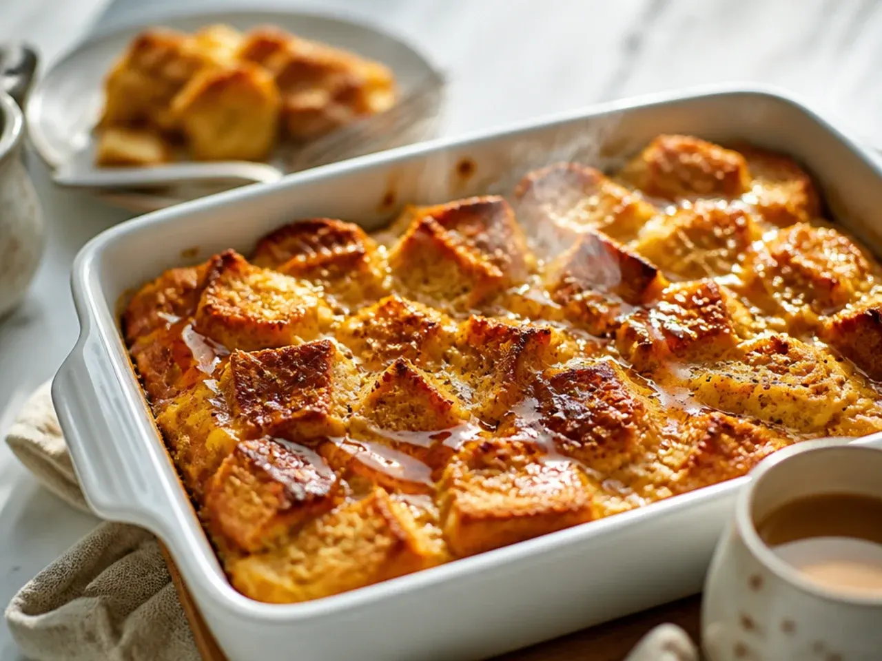Chai-spiced french toast casserole with a warm cinnamon-dusted top