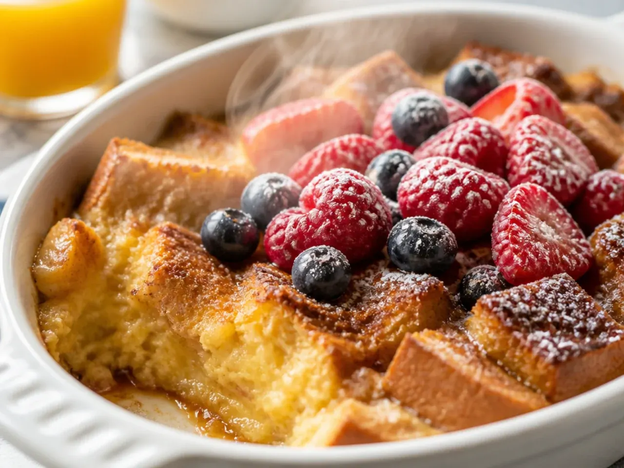 Individual mini french toast casserole baked in a small ramekin