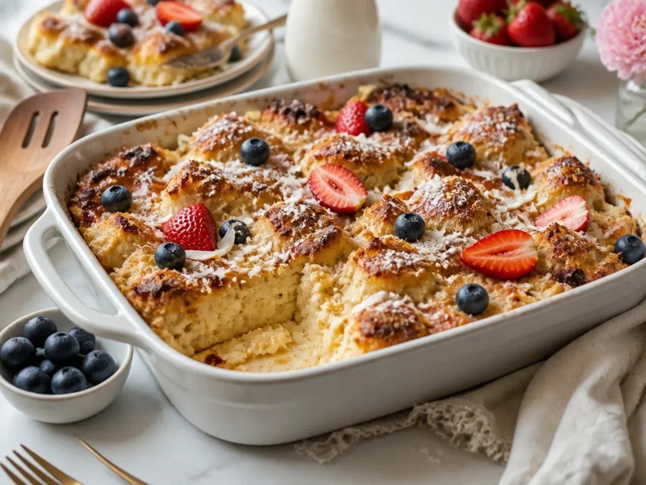 Coconut french toast casserole topped with toasted coconut flakes