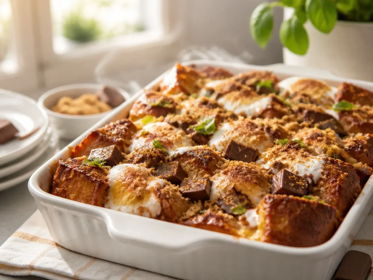 S'mores-inspired french toast casserole with toasted marshmallows and chocolate