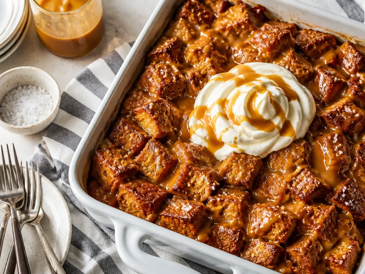 Salted caramel french toast casserole drizzled with caramel sauce