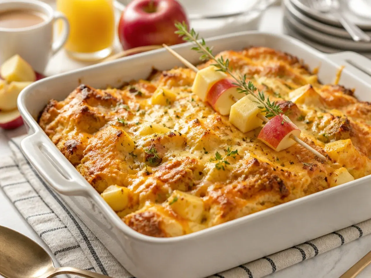French toast casserole with sliced apple and melted cheddar cheese