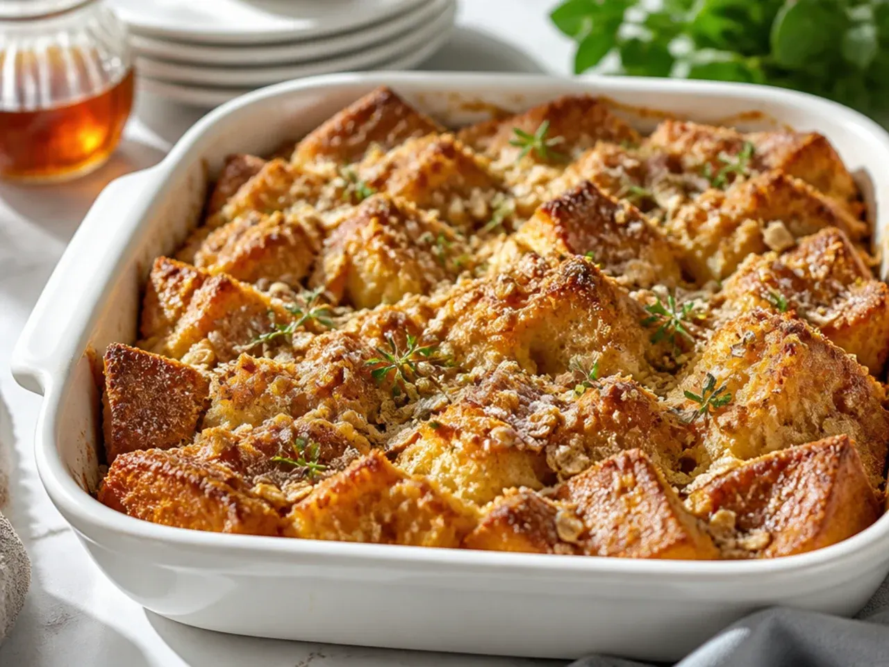 Oat-topped budget french toast casserole with a golden crumbly crust