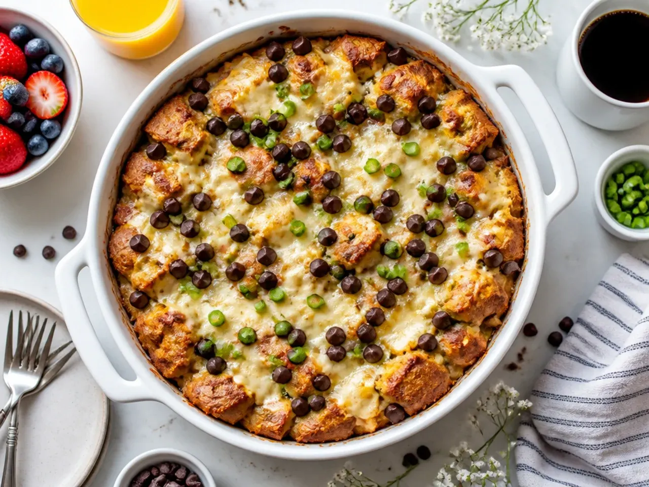 Chocolate chip french toast casserole with melted chocolate pools on top