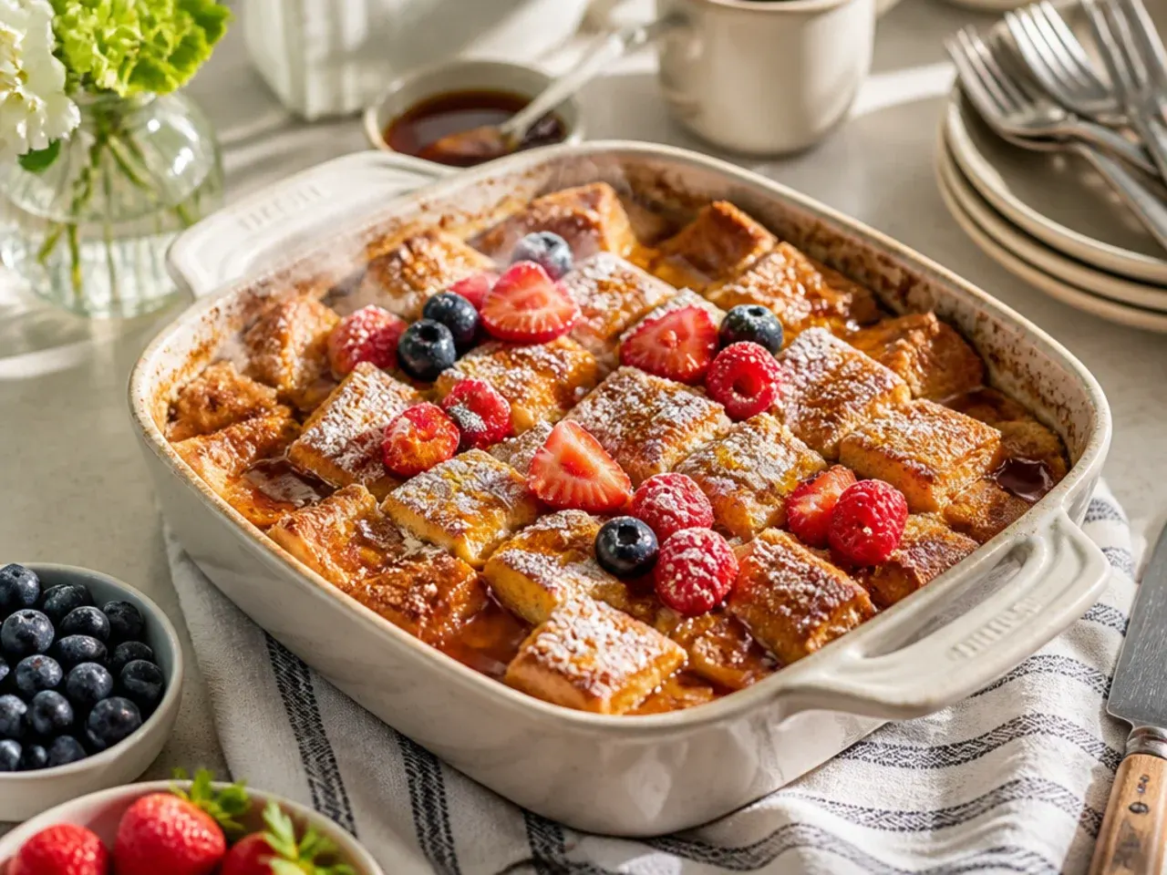 Plated slice of french toast casserole with maple syrup, berries and icing sugar