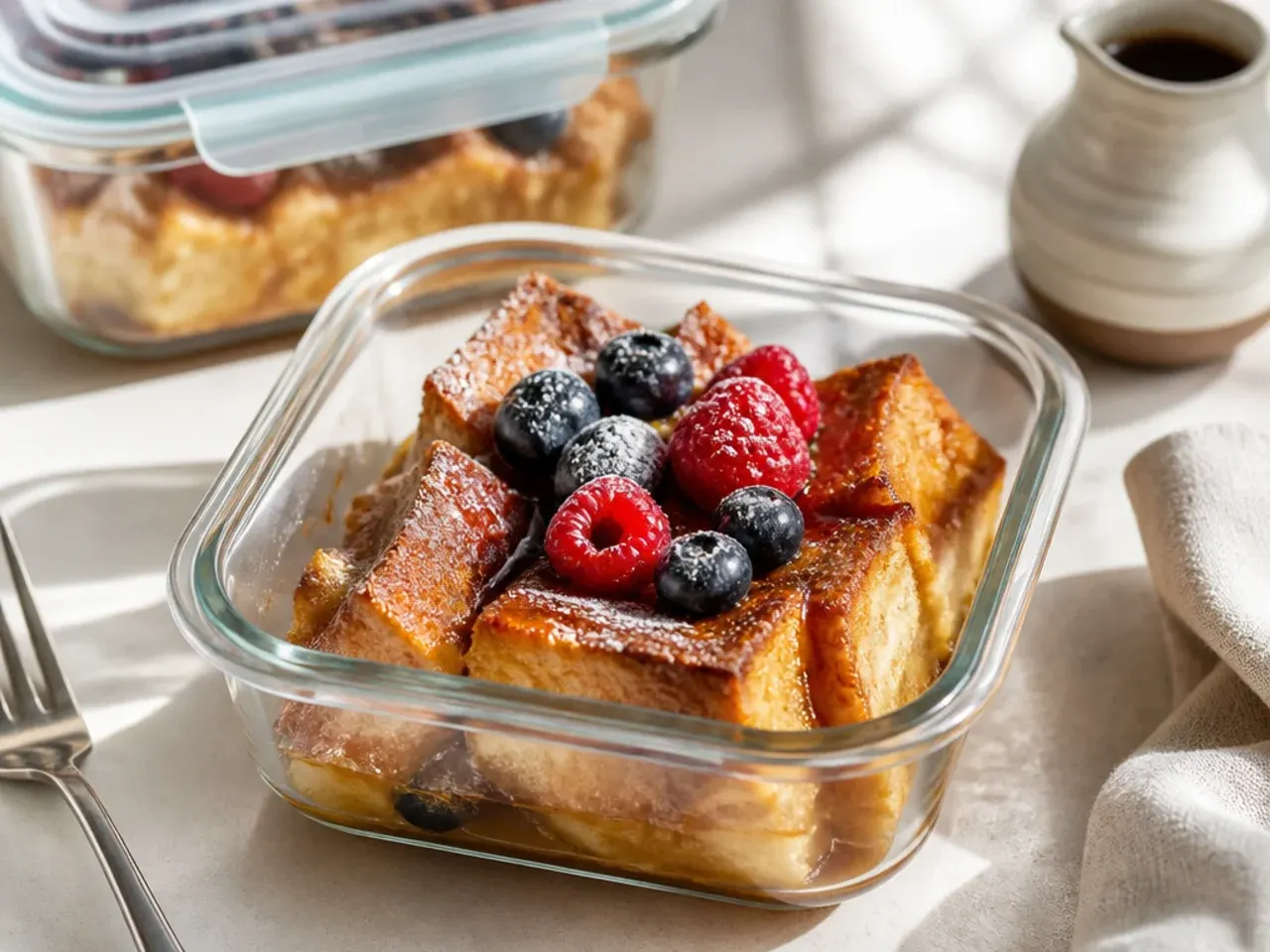 Leftover french toast casserole portions stored in a container ready to reheat