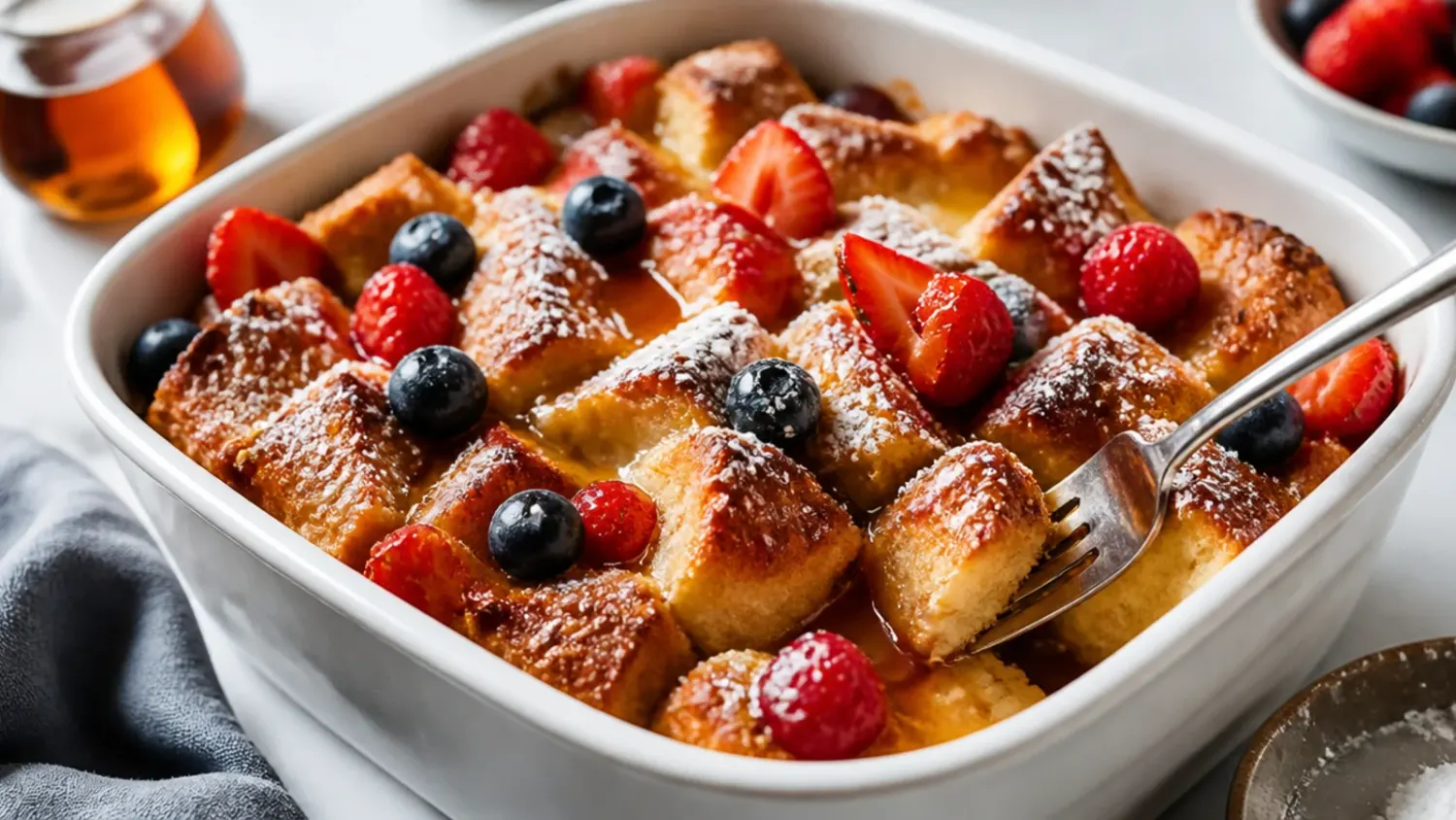 A baking dish of golden French toast casserole with a crisp cinnamon streusel top, sliced and drizzled with maple syrup