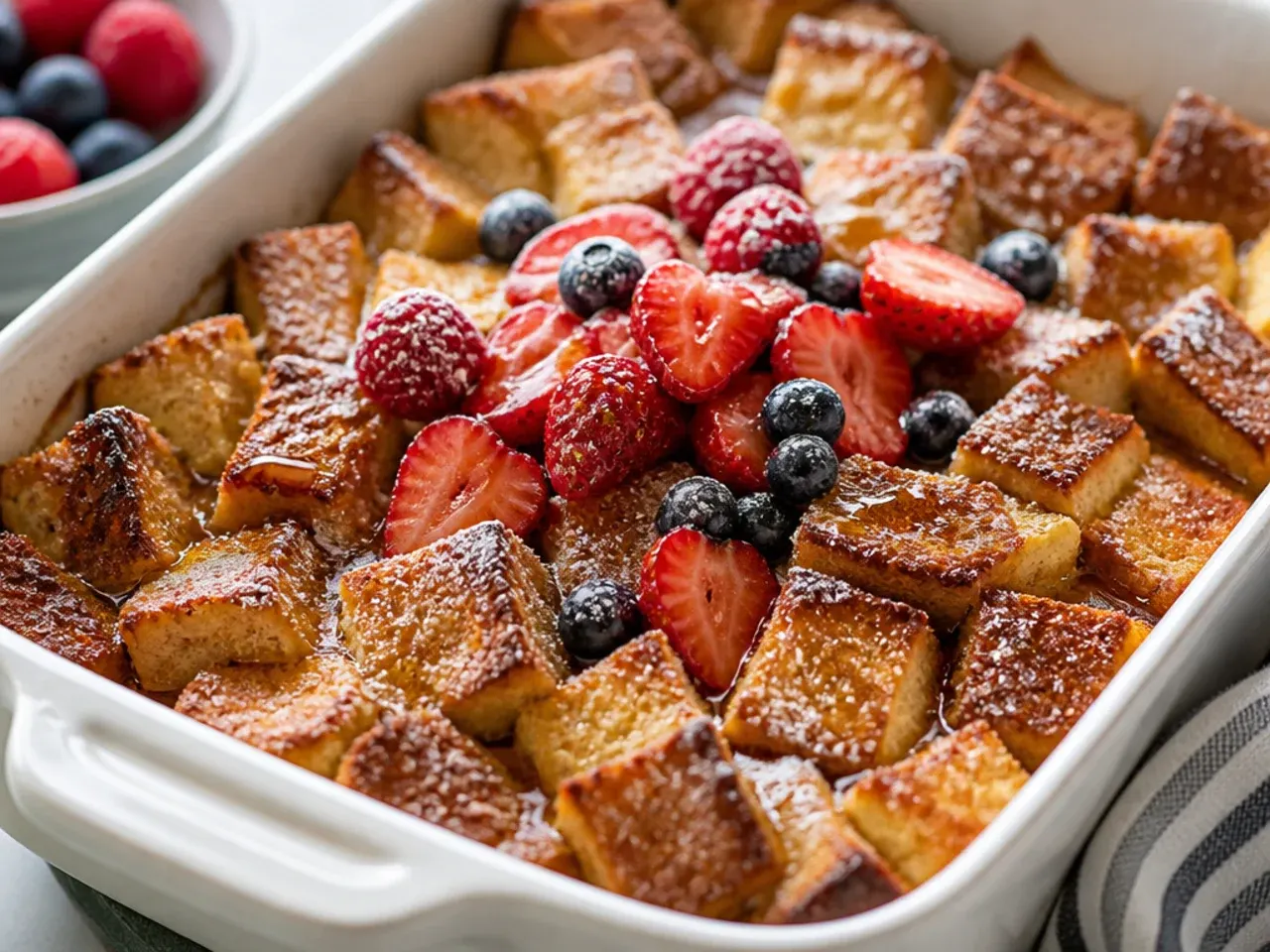 Overhead shot of a golden baked French toast casserole in a white dish surrounded by breakfast ingredients