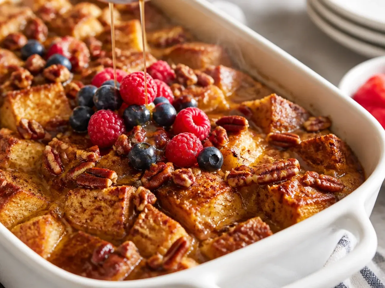 French toast casserole topped with toasted pecans and a drizzle of maple syrup