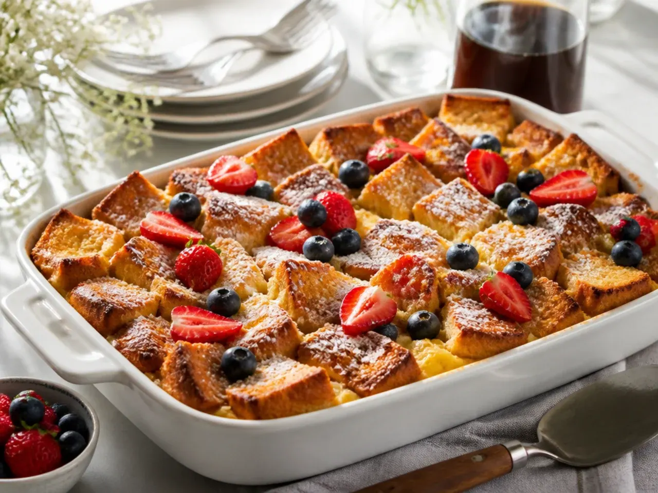 Simple French toast casserole made with basic sliced bread dusted with icing sugar