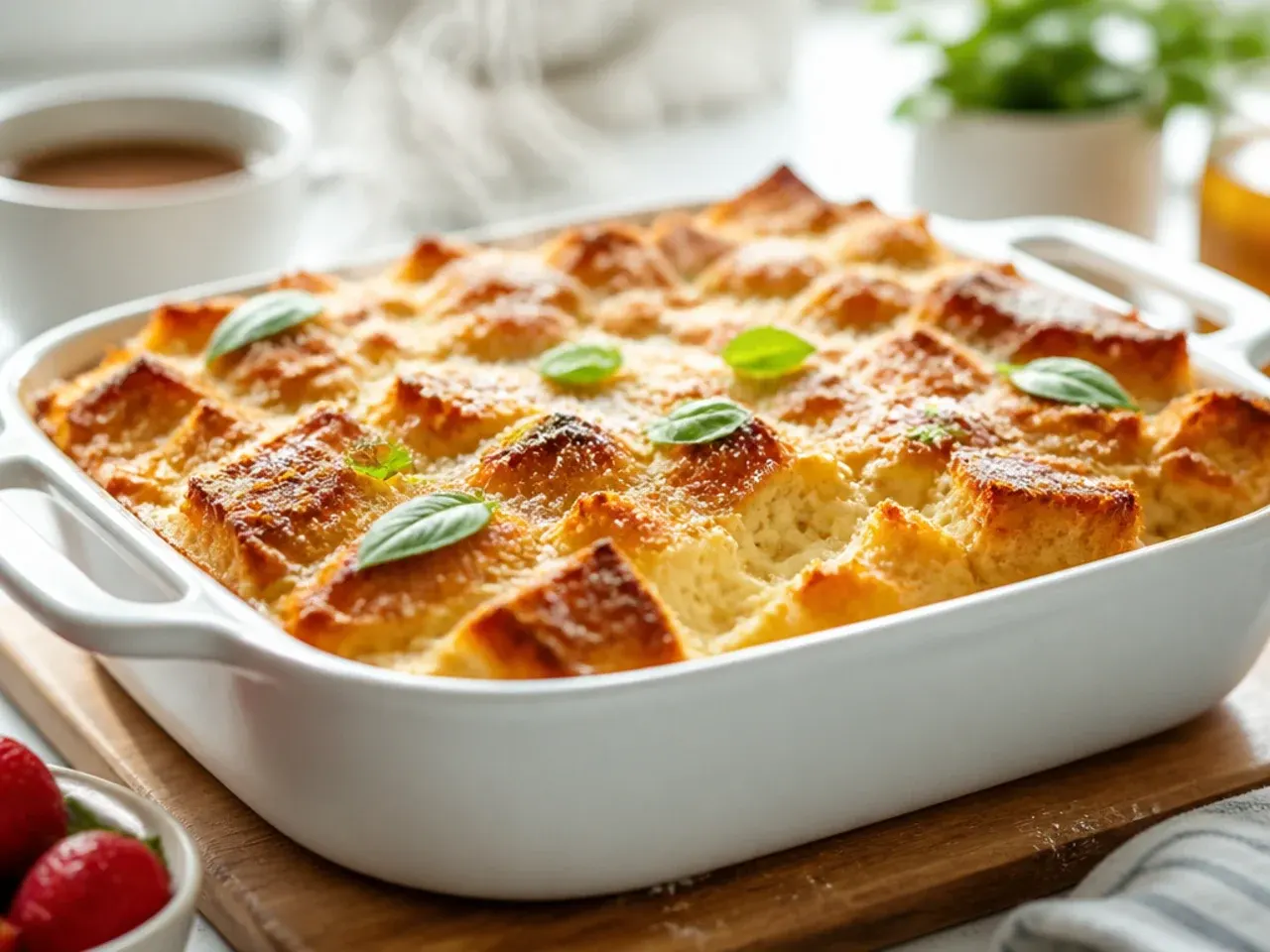Close-up of a rich, creamy baked French toast casserole being lifted with a spatula