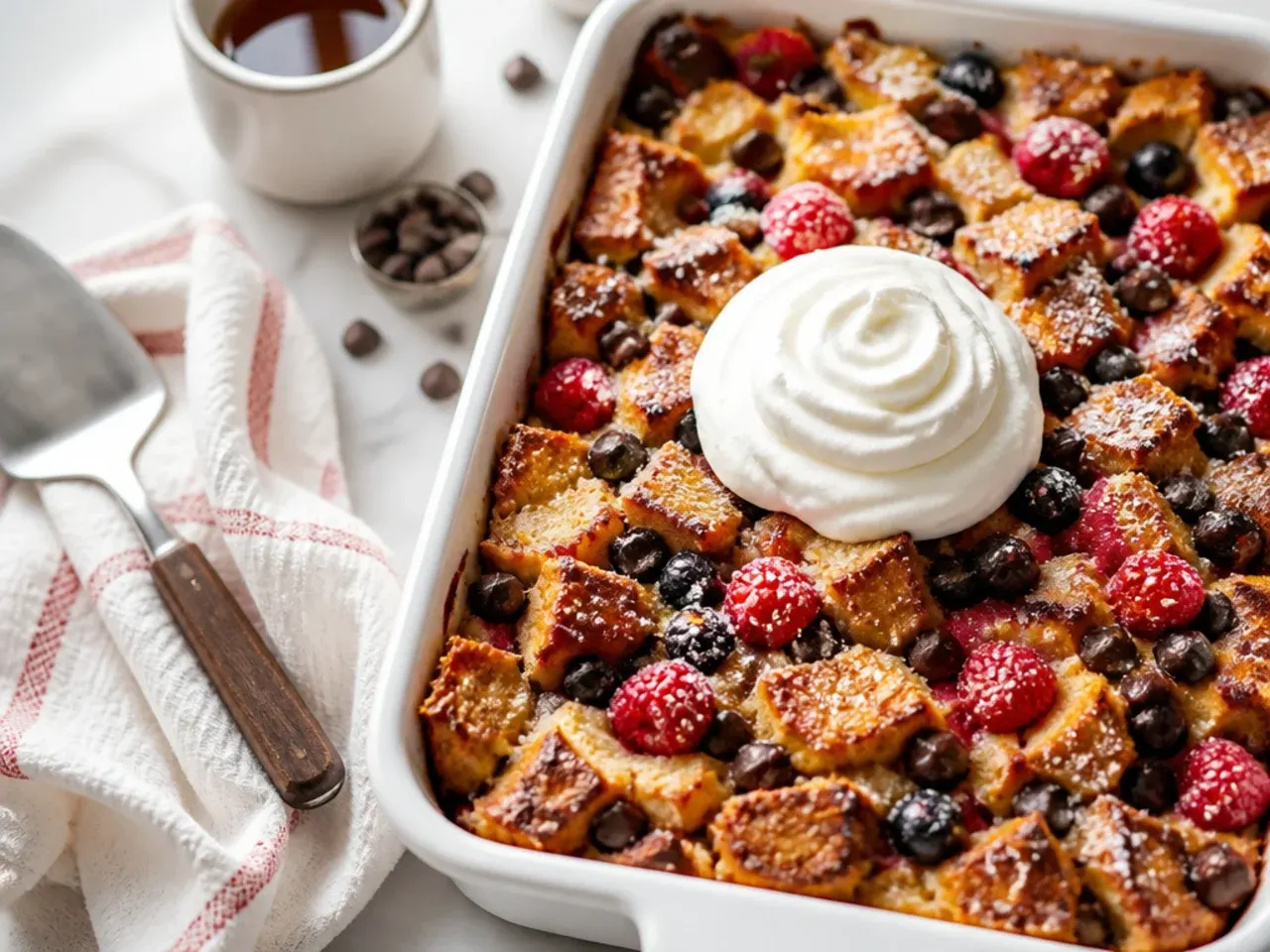 French toast casserole loaded with mixed berries and melted chocolate chips
