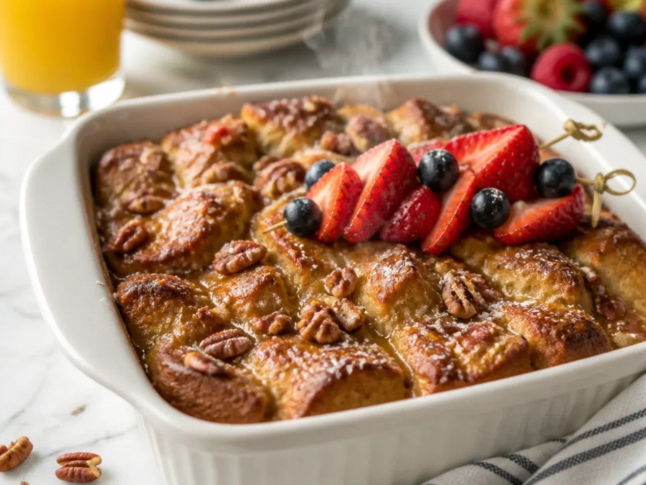 Golden French toast casserole topped with a glossy caramelised pecan praline layer
